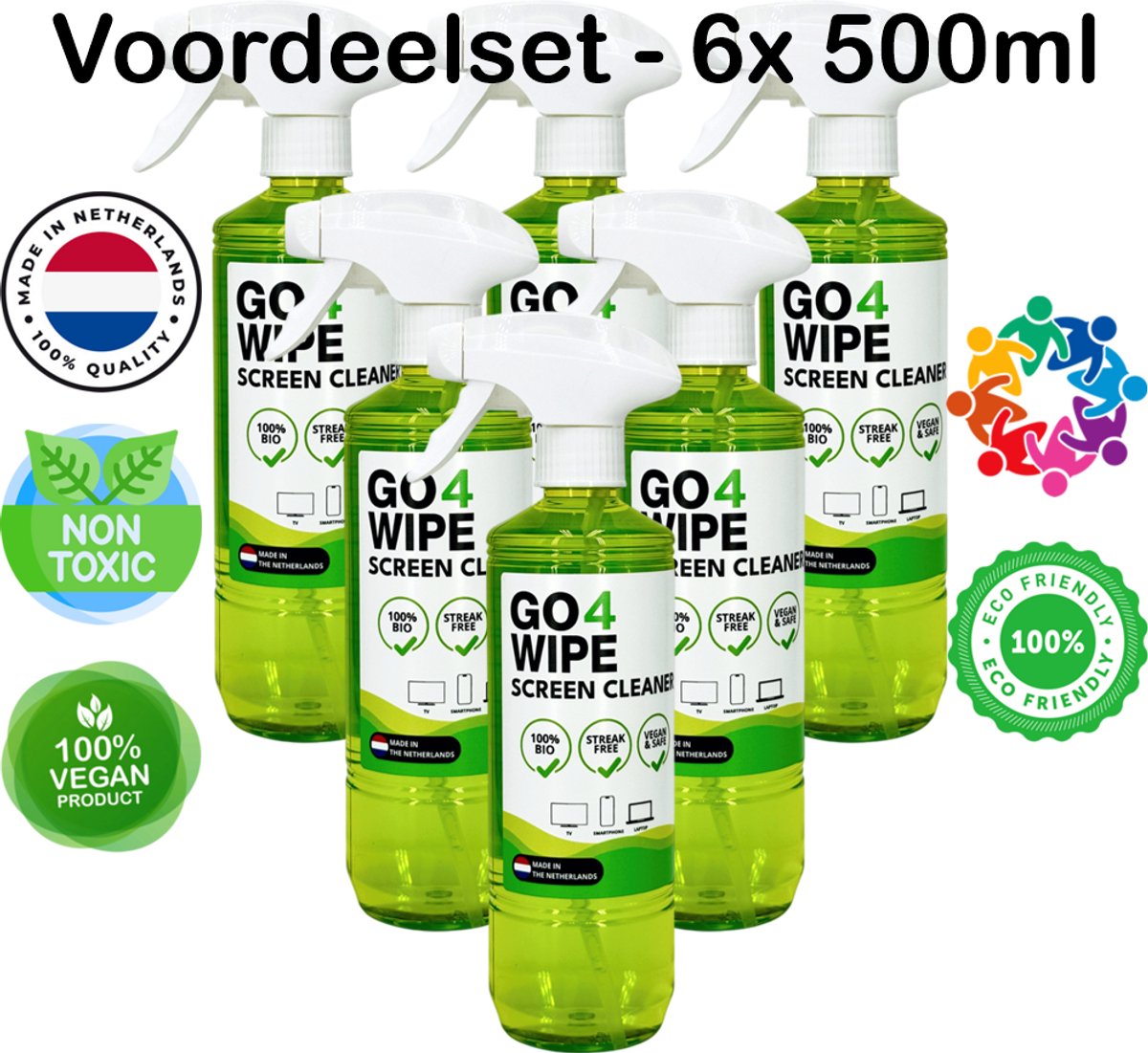 Voordeelset 6x - Nieuw! Verbeterde formule Go4Wipe 500ml Professioneel non-toxic (beeld) schermreiniger voor TV, Monitor, Tablet, Smartphone, Laptop, Brillen