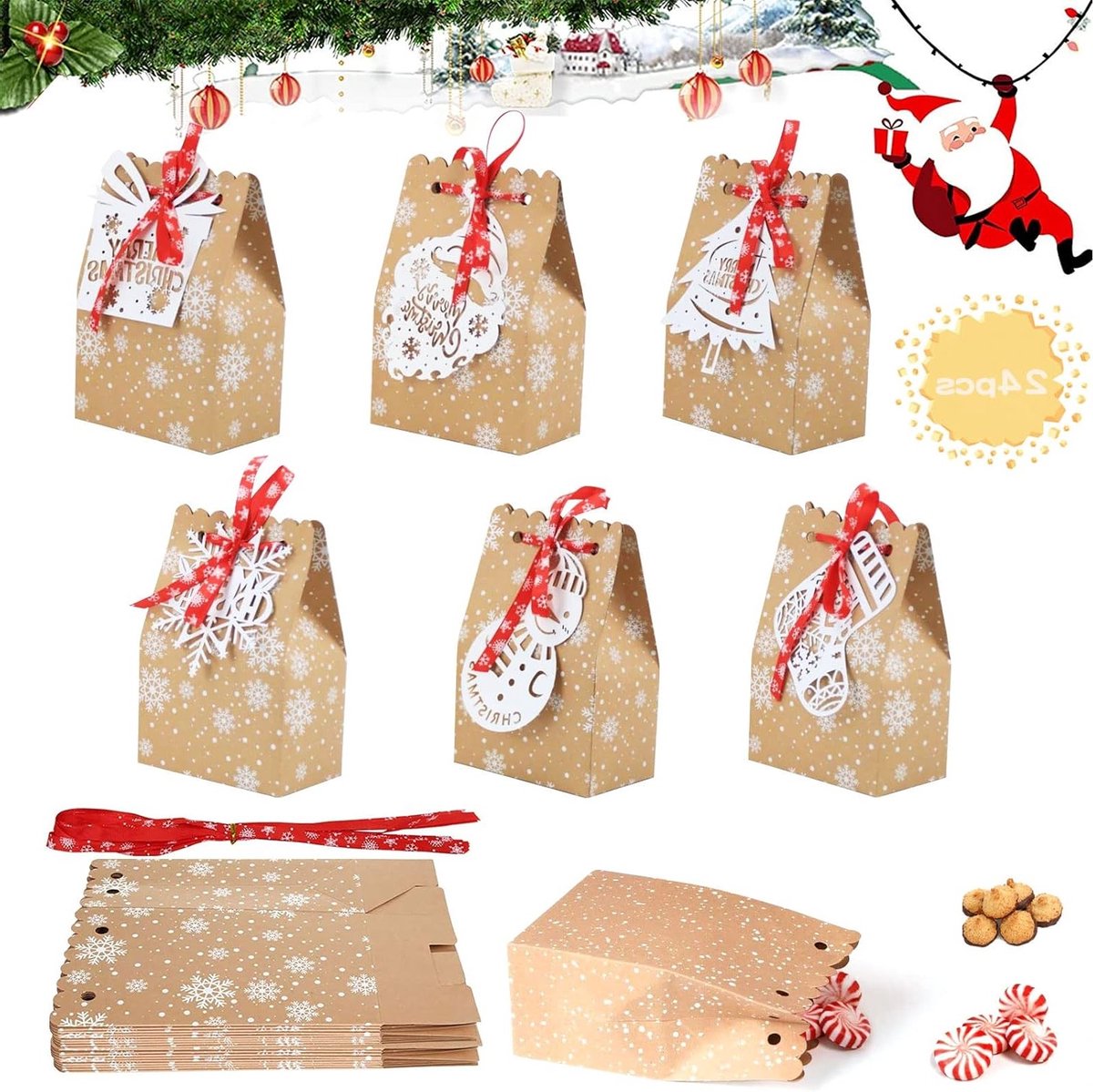 Kraft Papieren Kerstcadeau Zakjes - 24 Stuks voor Snoep, Cookies en Kleine Cadeaus