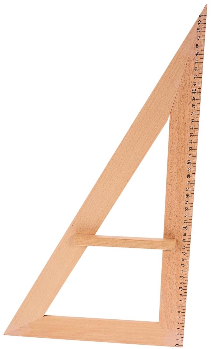 Onderwijs hulpmiddel: Houten liniaal met grote geometrische driehoek, gradenboog en halve ring voor leraren, ideaal voor illustraties en geometrie oefeningen