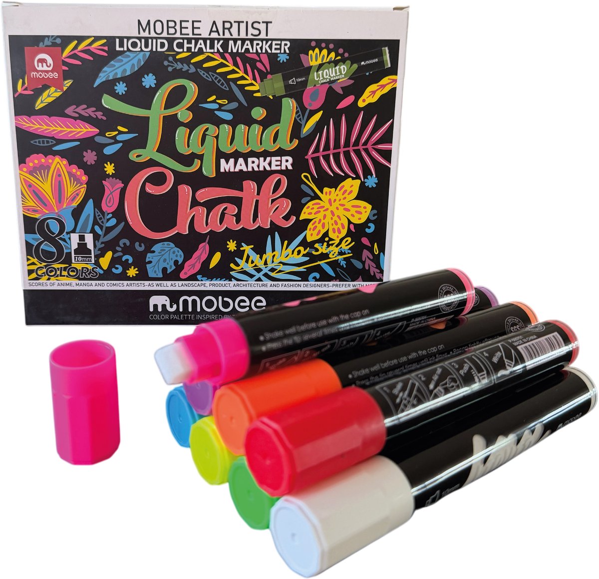 Mobee - Krijtstiften - Jumbo - Chalkmarker - Big Tip - Raamstiften - Krijtstiften voor ramen en glas - 8 kleuren