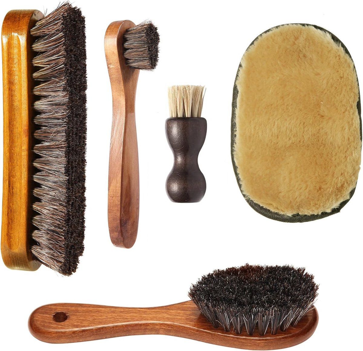 Schoenborstel Set van 5 - Paardenhaar Schoenborstel - Schoenverzorging - Schoenpoetsborstel & Uitpoetsborstel - Schoenverzorging voor Leer & Suede - 4x Borstels en 1x Schoenen Polish Doek Handschoen - SOLLBRY®
