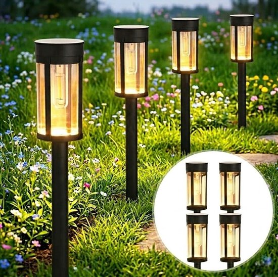 Solar priklamp - wolfraam lamp - Set van 4 stuks (7*54CM)-Padverlichting- Grondspot-buitenlampen - Priklamp op zonne-Solar Grondspots -Tuinverlichting op zonne-Zwart