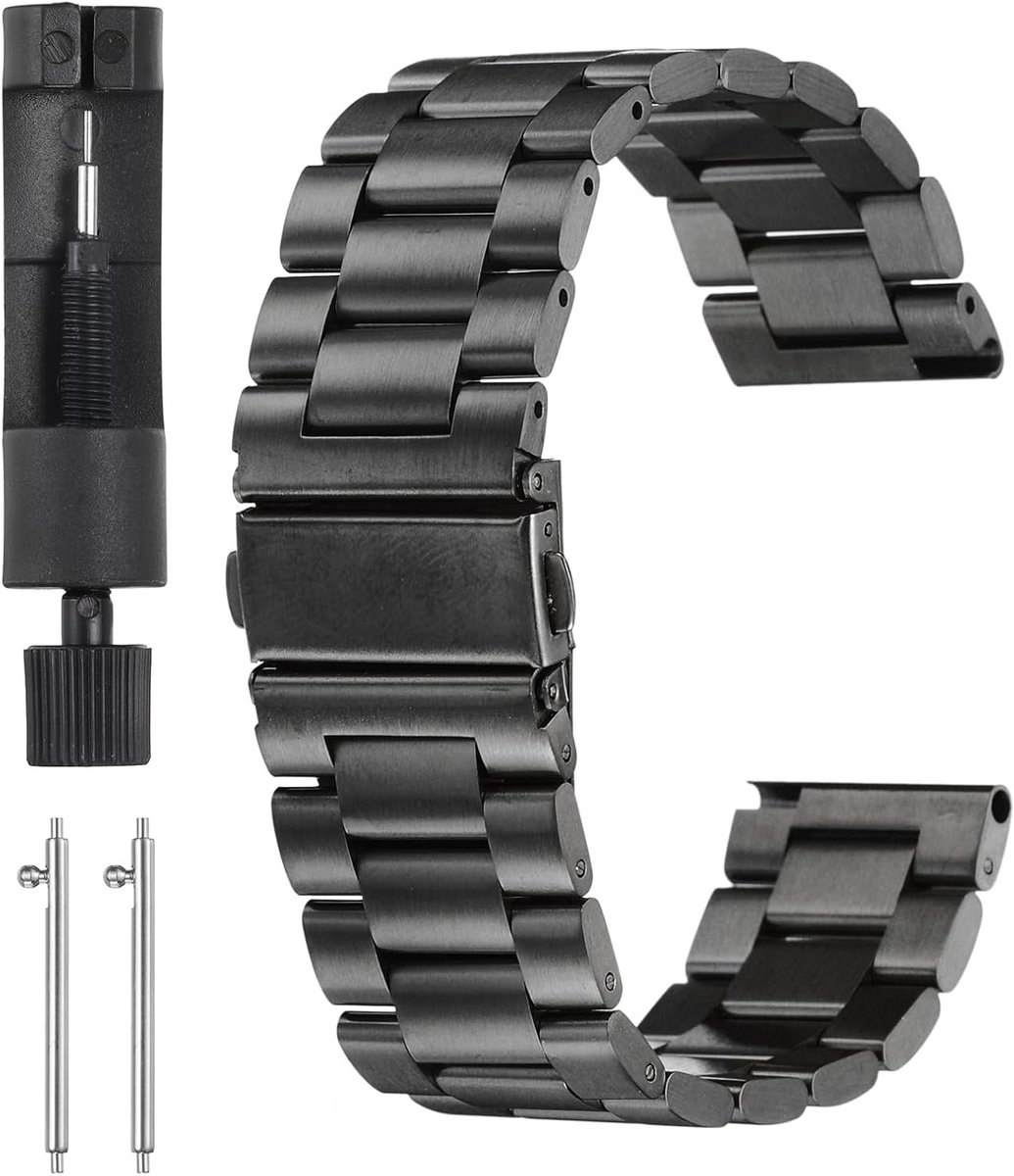 Stalen Horlogeband 24mm met Vlinder Sluiting en Snelle Bevestiging voor Smartwatch - Zwart, Duurzaam en Verstelbaar