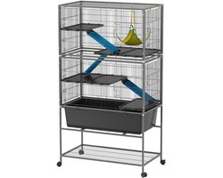 Hamsterkooi - Cavia kooi - Rattenkooi - Huisje - 5 Niveaus - Verwijderbare Lade - Met Voederstation - Zaag - Loopplank - Hutten - Hangbrug - 88L x 48B x 150,5H cm - Staal