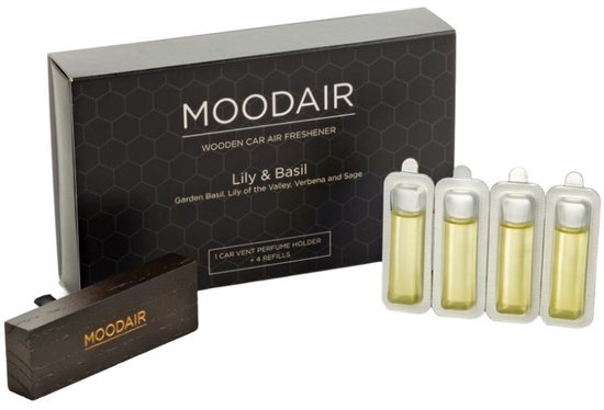 MoodAir Auto parfum luxe - Auto luchtverfrisser met houder & 4 navullingen - Lily & Basil natuurlijke subtiele geur - Auto luchtje - Auto accessoires - Auto geur - Car parfum