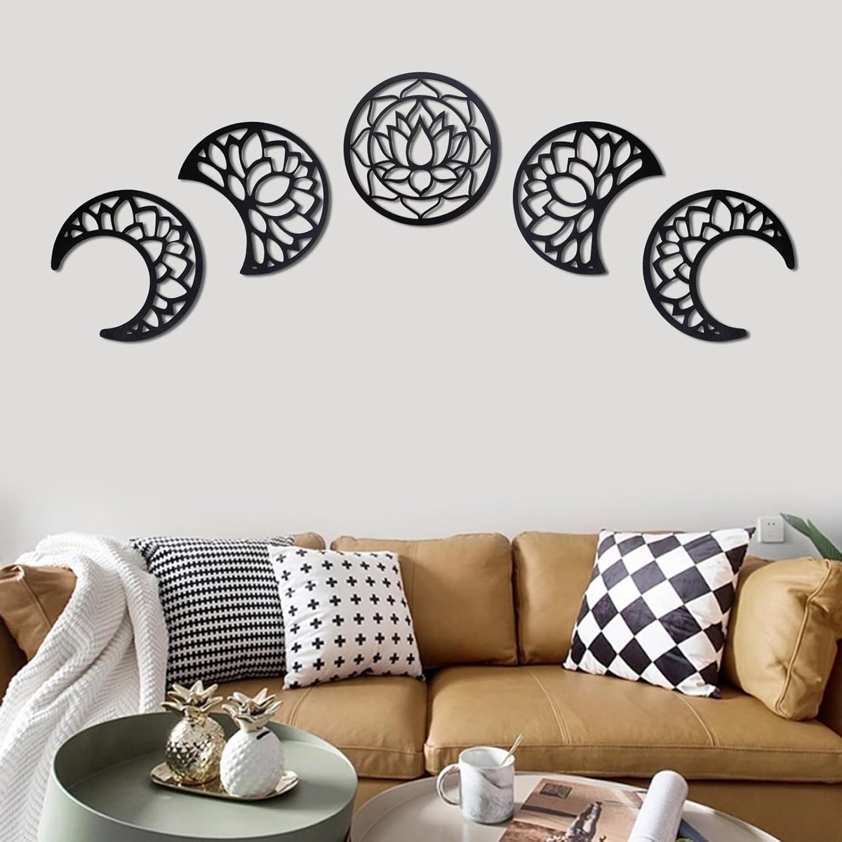 5-delige Maanfasen Wanddecoratie van Hout - Bohemian Wandkunst voor Slaapkamer, Woonkamer en Kantoor - Unieke Muurdecoratie voor een Betoverende Sfeer