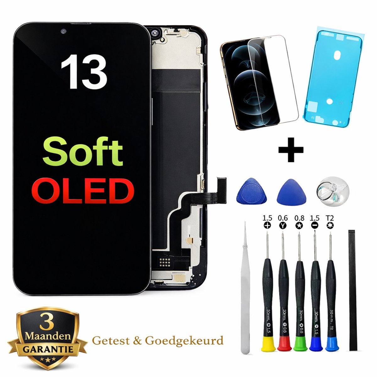 iPhone 13 OLED Scherm Vervanging – Premium Soft OLED Display – Inclusief Complete Reparatieset, Gereedschap, Screenprotector en Plakstrip