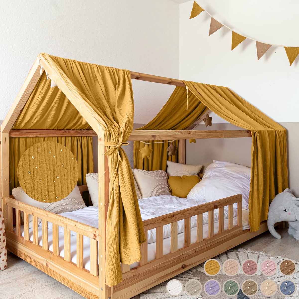 LILIMAUS Huisbed hemeltje met gouden details - bedhemel voor huisbed - 67,5 x 270 cm - mousseline katoen - geel