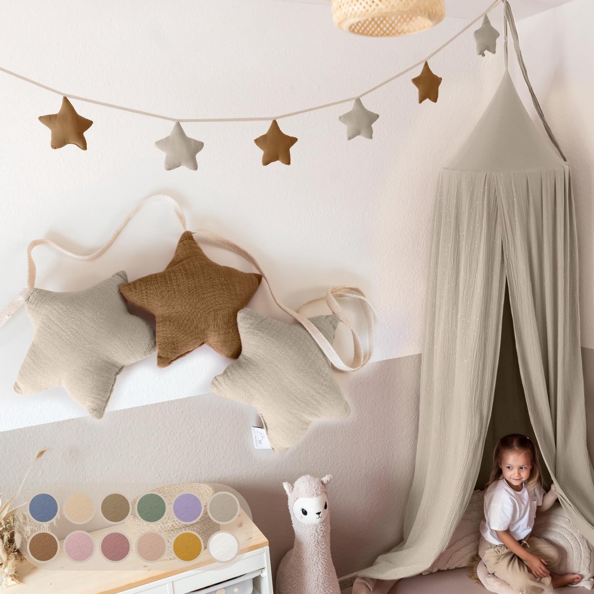 LILIMAUS Sterren slinger kinderkamer - stoffen slinger van mousseline katoen - 300 cm - bruin en lichtbeige