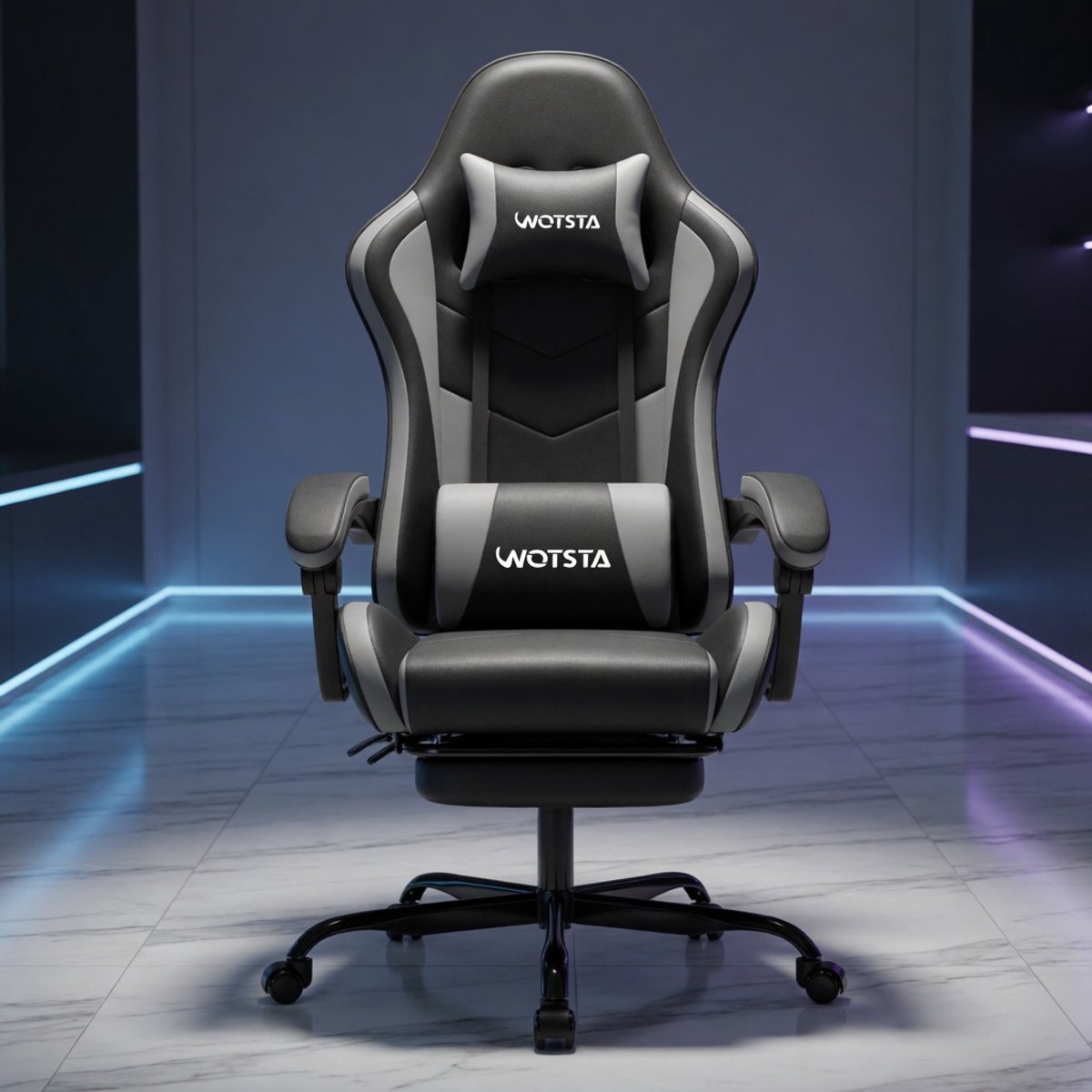 Gaming Stoel Ergonomisch met Voetensteun, Verstelbare Bureaustoel met Lendensteun en Hoofdsteun, Kantelbaar tot 135°, Comfortabele Computerstoel voor Thuis & Kantoor – Zwart/Grijs | Mobili Bella