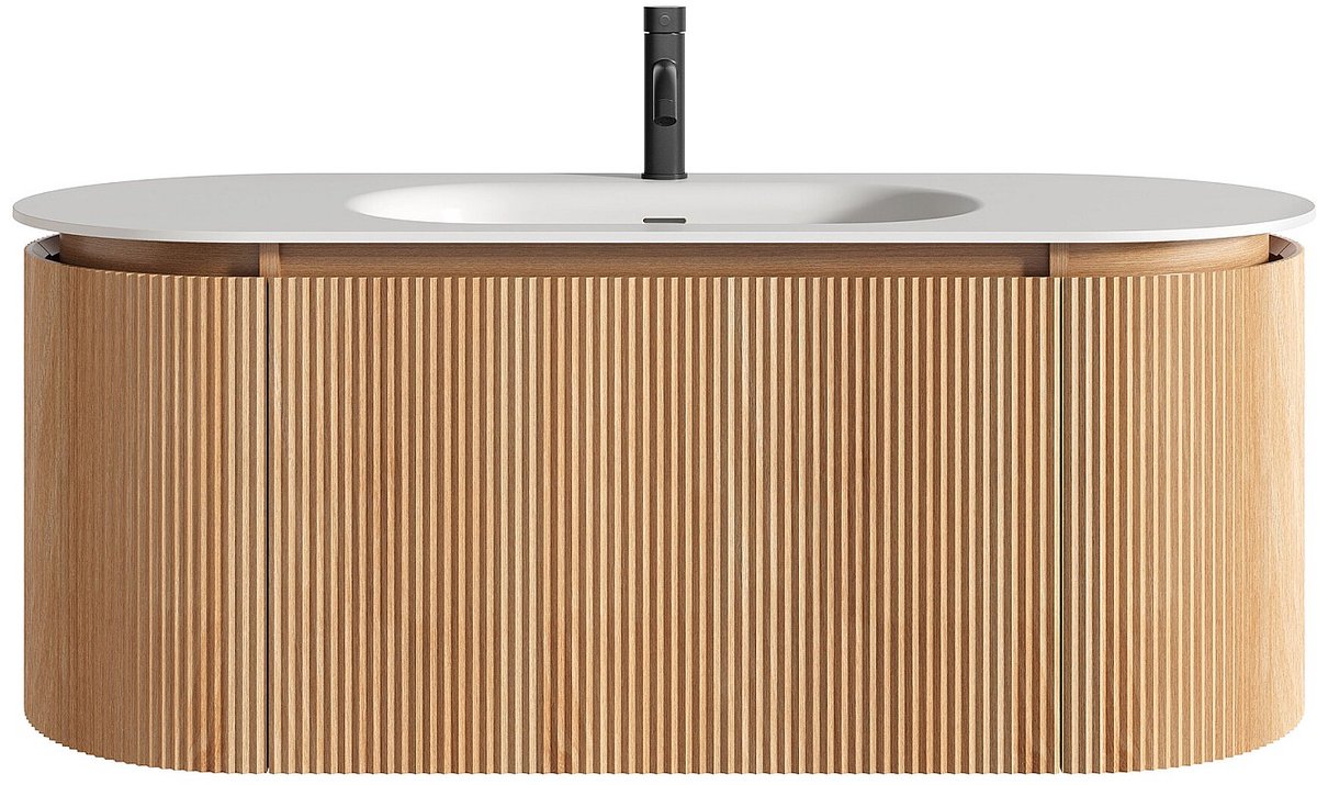 Vente-unique Wandgemonteerd badkamermeubel met gegroefd essenhout, ingebouwde wasbak en kraan – Licht naturel – B120 cm – LILIKO