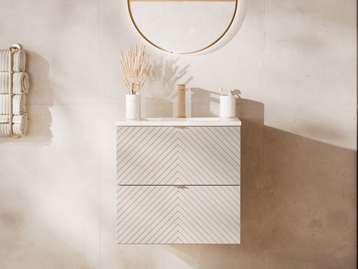 Vente-unique Zwevend badkamermeubel met inbouwwastafel en kraan - Beige - 60 cm - DORIONI