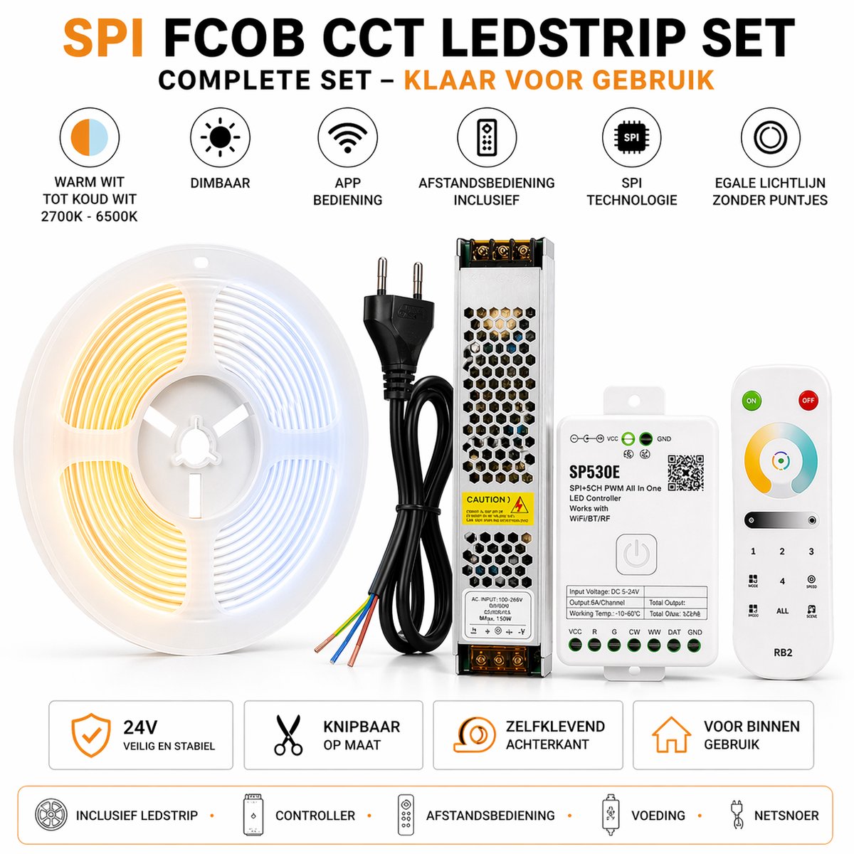 Professionele SPI FCOB CCT Ledstrip - 5 Meter - 24V - Inclusief Voeding, Snoer, Controller, Afstandsbediening en Connector Set - App Bediening - Warm Wit tot Koud Wit - 2700K tot 6500K - Dimbaar