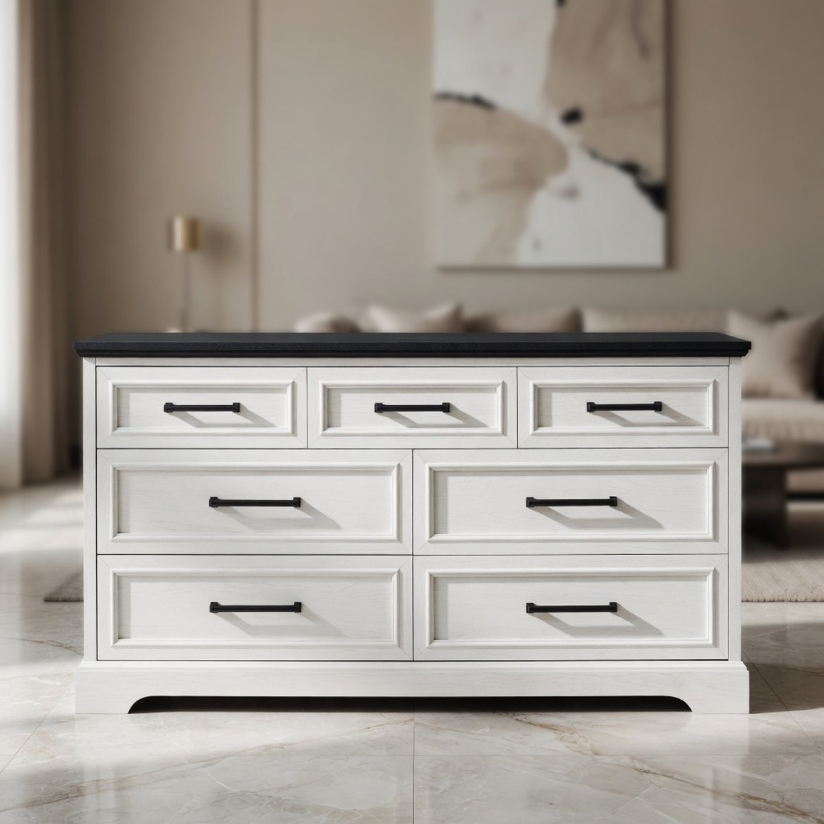 Luxe 7-Lade Commode – 132 cm Brede Design Ladekast in Wit – Moderne Houten Opbergkast voor Slaapkamer & Woonkamer – Landelijke Stijl Dressoir met Ruime OpbergruimteMobili Bella