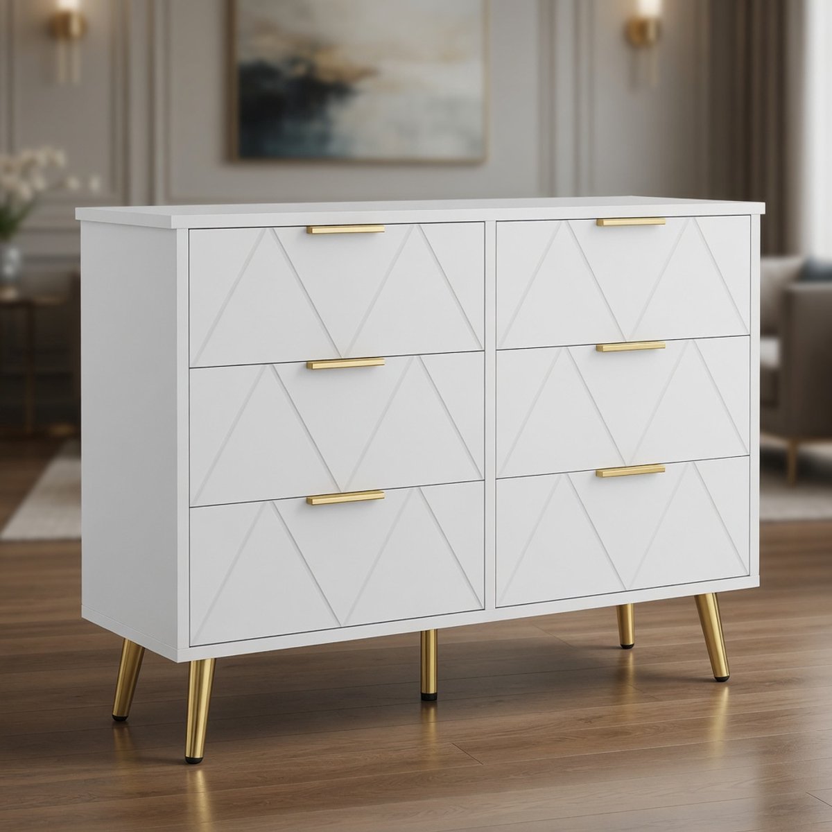 Luxe Moderne Dressoir 6 Lades Wit - Elegante Brede Ladekast met Gouden Handgrepen en Poten - Opbergkast / Commode voor Slaapkamer, Woonkamer & Kantoor - 100x34x75 cmMobili Bella