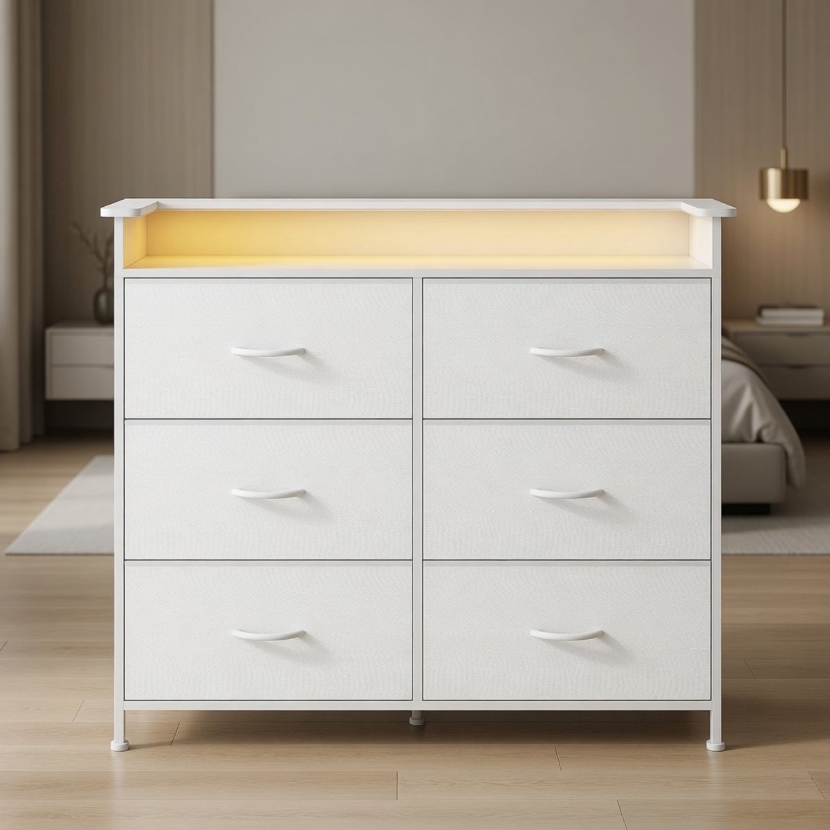Mobili Bella Luxe Commode met 6 Lades, LED RGB Verlichting, USB & Stopcontacten, Opbergtoren met Houten Bovenblad en Metalen Frame – Modern Nachtkastje / Ladekast voor Slaapkamer, Woonkamer en Hal