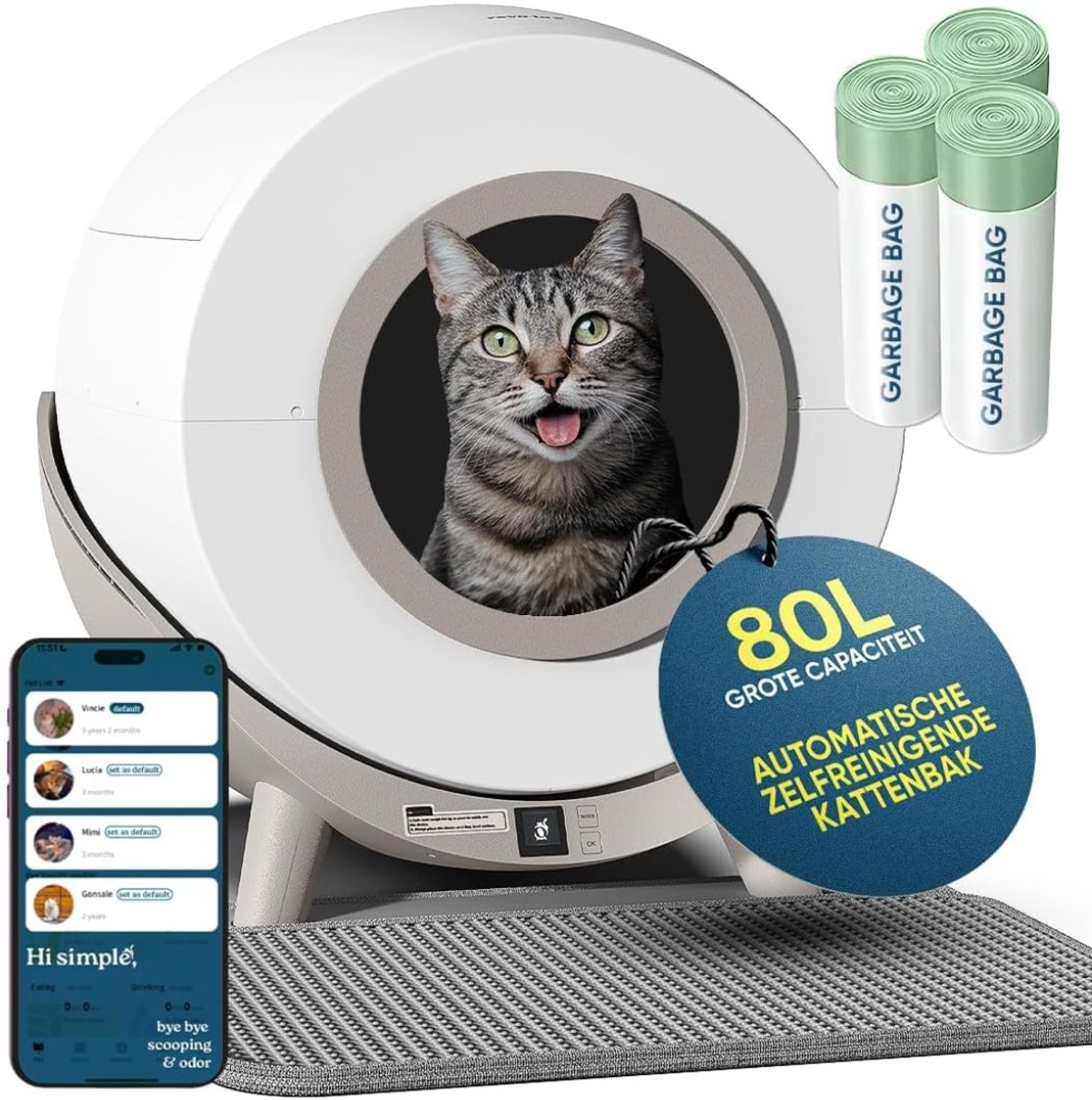 KAD® Elektrische Kattenbak - Electrische Kattenbak Zelfreinigend - Electrische Kattenbak - Beige - 58cm x 54cm x 59cm