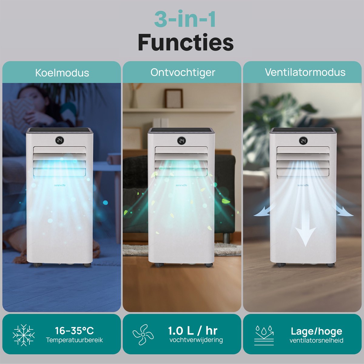 Mobiele airco 7000 BTU SereneLife, koelt tot 28 m², stil 54 dB, WiFi, ontvochtiger, timer, raamkit inbegrepen - Afbeelding 4
