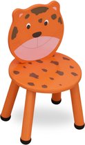 Oranje kinderstoel met tijgerdesign, zitting en rugleuning bedekt met vlekken.