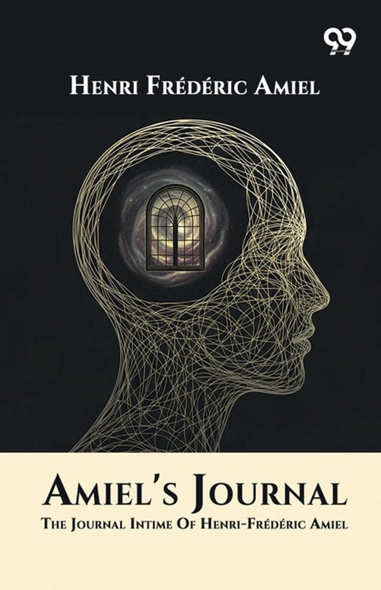 Couverture de livre avec 'Amiel's Journal' et une tête filaire dorée avec un ciel étoilé à travers une fenêtre dans la tête.