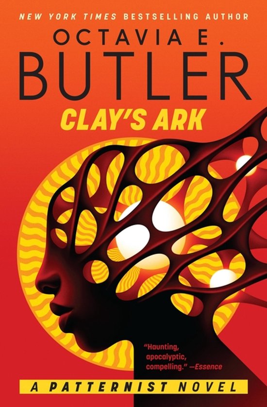 Boekcover voor 'Clay's Ark' van Octavia E. Butler. Rode achtergrond met een profiel van een donker gezicht met een patroon van goudgele bellen op het hoofd.