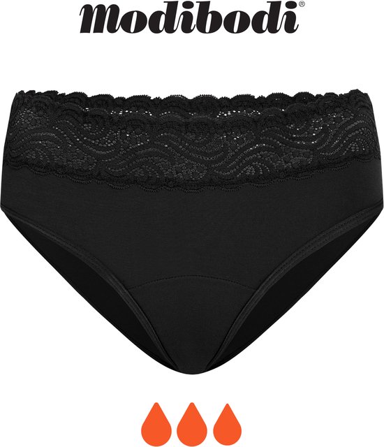 Culotte de bikini noire taille haute Modibodi avec finition en dentelle. Trois gouttes orange indiquent une super absorption.