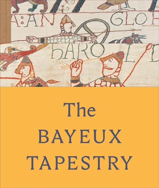 Bayeux Tapijt, met ridders en dieren in borduurwerk, met tekst 'The Bayeux Tapestry'.