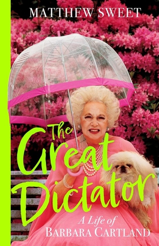 Boek kaft met Matthew Sweet, een vrouw met parelketting en een hond onder een paraplu, tegen roze bloesems.