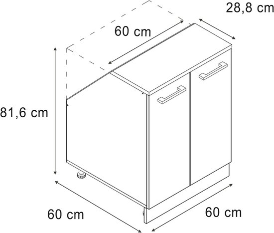 Schematische tekening van een kast met afmetingen in cm. Twee deuren met handgrepen.