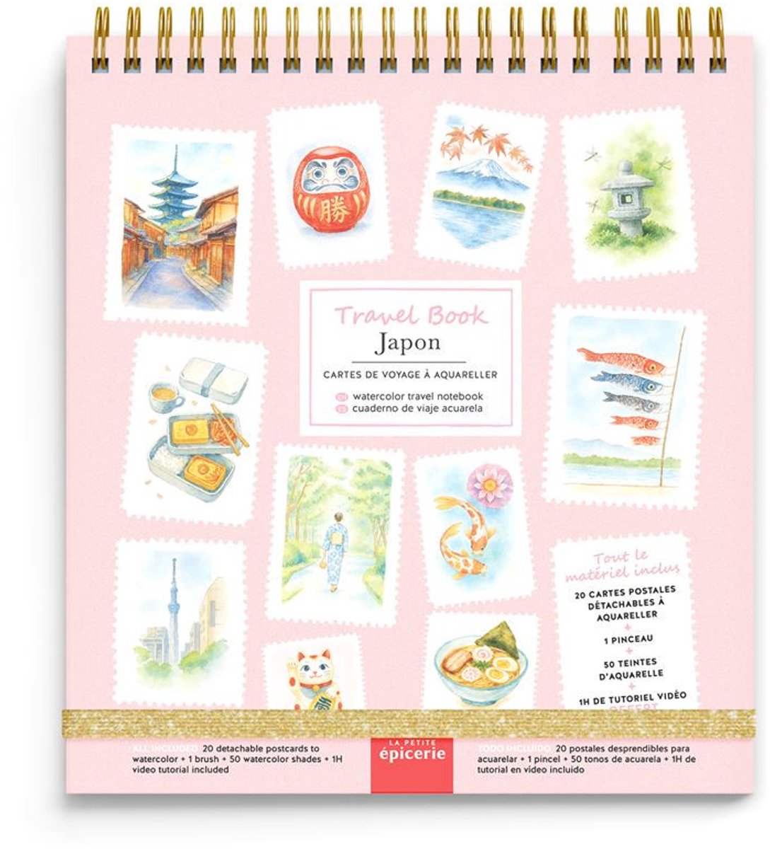 Aquarel Travel Set - La Petite Epicerie Aquarel Travel Book Japan - 13x18cm - Aquarel Reisnotitieboek - 20 ansichtkaarten om te aquarellen 350 gr papier - 1 penseel - 50 aquareltinten