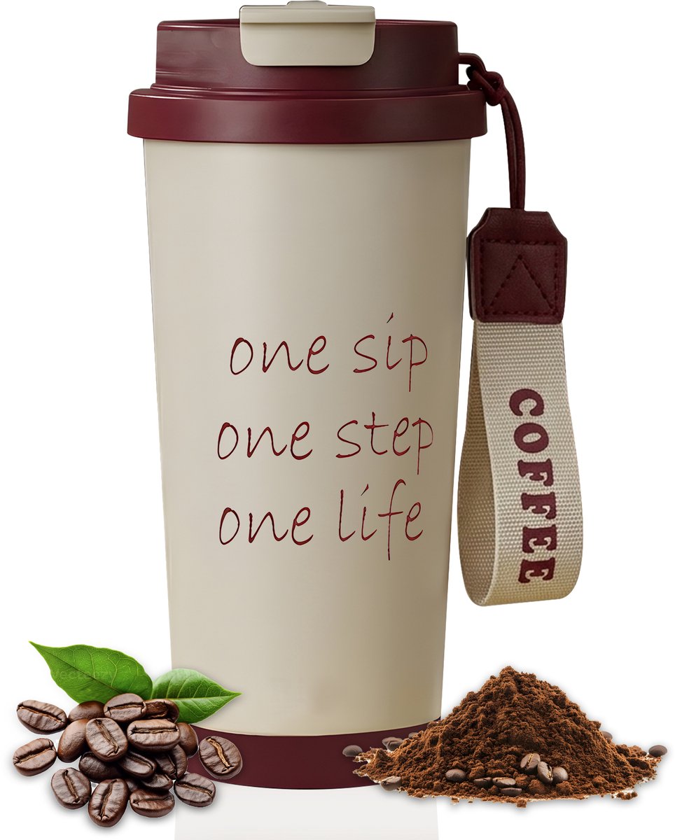 Rivv Thermosbeker - Koffiebeker To Go - 530ml Koffiebeker met Deksel & Draaglus - Lekvrij - Antislip - Herbruikbare Travel Mug - Warm & Koud - Rood met Motivatie Tekst