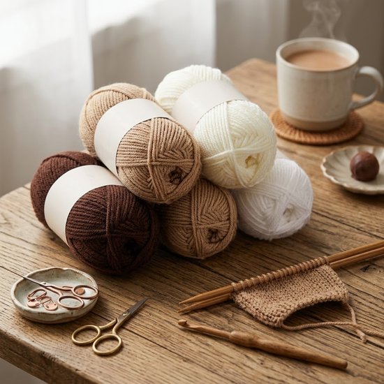 Set de 4 pelotes de laine à tricoter et de fil marron beige blanc pour femmes et hommes convient pour le crochet et le tricot débutants et avancés fil acrylique doux pour bonnets écharpes coussins et décoration