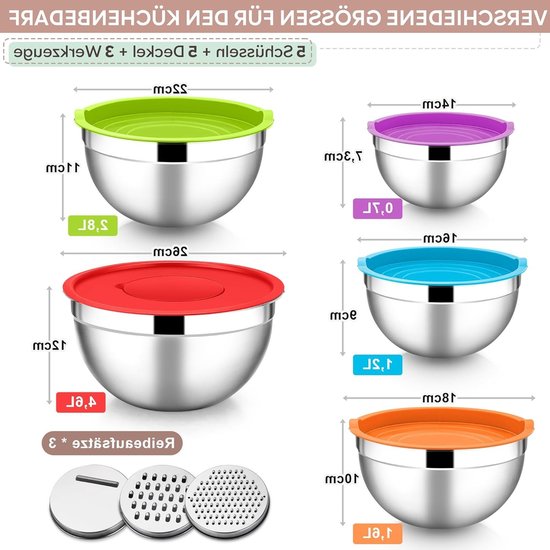 Mixkommen Set van 5 Stuks met 3 Raspaccessoires in Diverse Kleuren voor Keukenbereidingen — afbeelding 5