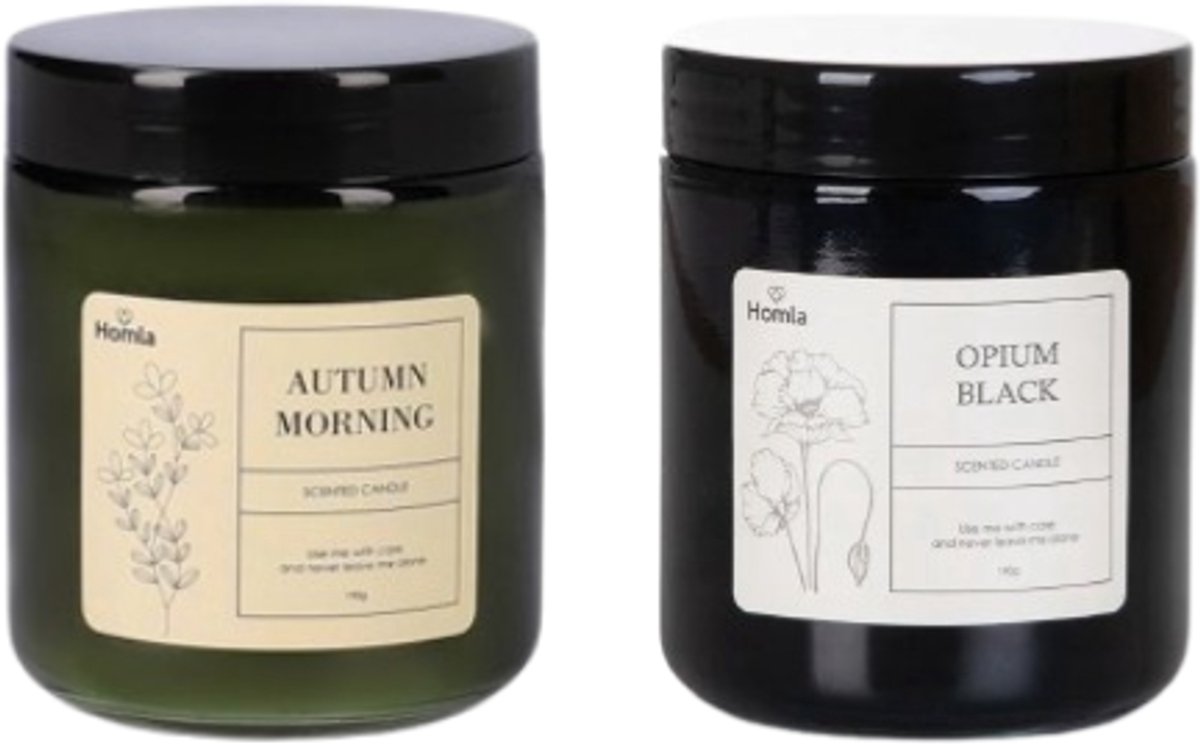 Homla Tofu Geurkaars - Set van 2 - Scented Candles - Luxe Glazen Sfeercandles - Opium Black & Autumn Morning Geur - Interieur Geurkaarsen - 190g per stuk - Zwart & Groen