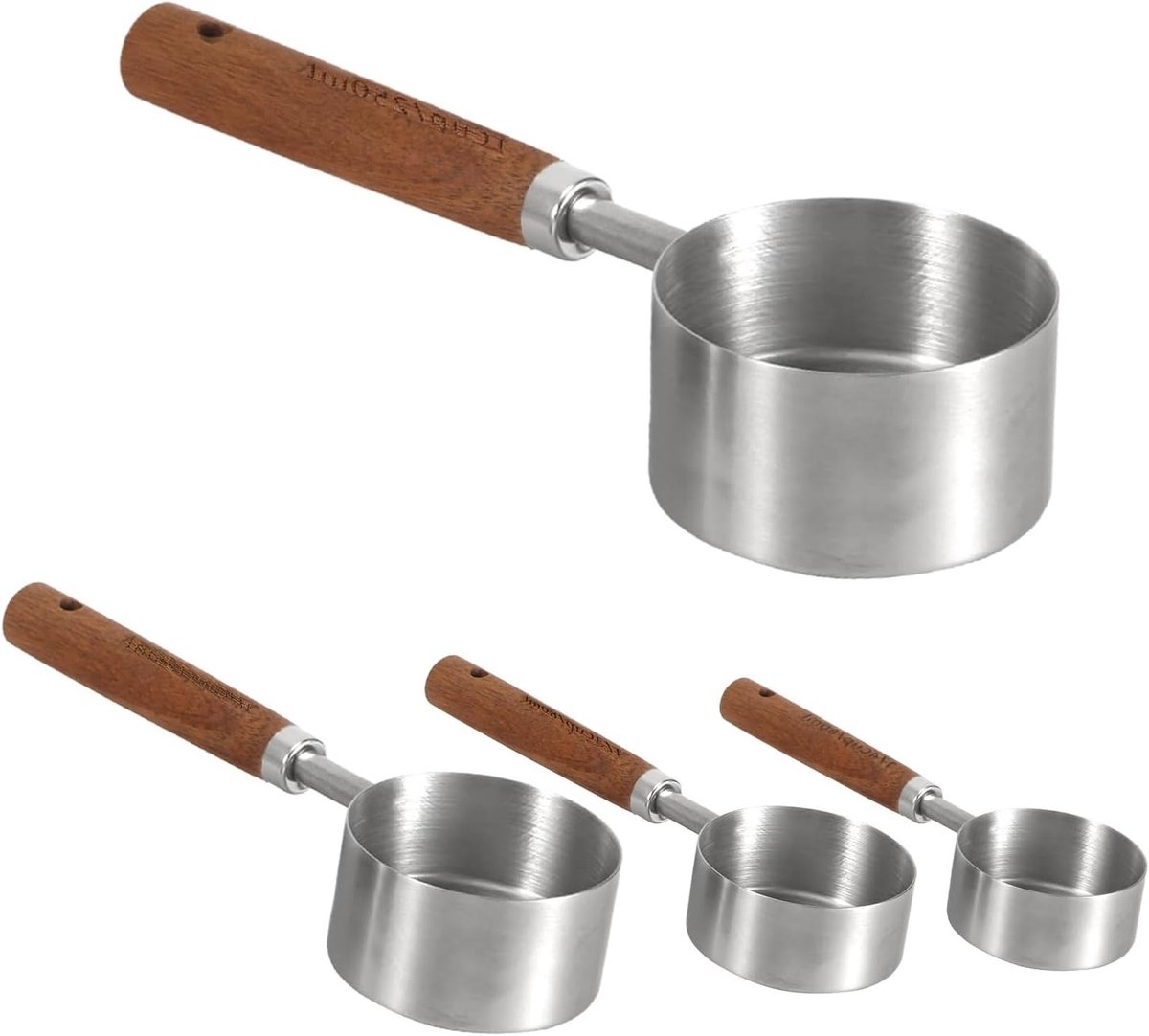 Metalen maatbekers voor hondenvoer - 4-delige set met houten handvat, vaatwasmachinebestendig, ideaal voor hondenvoer en huisdierenvoer