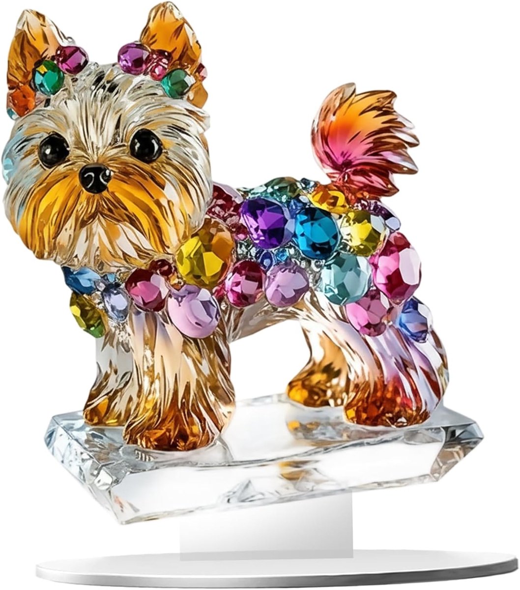 Kristallen hondenbeeldje - Schattig Yorkshire Terrier beeldje - Ingelegd met gekleurde edelstenen - Gemaakt van acryl - Een bureaudecoratie geschikt voor thuis, op kantoor en voor hondenliefhebbers.