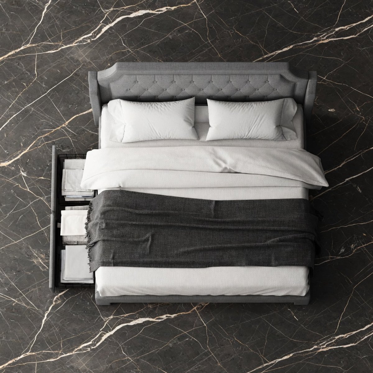 Lumina LED Bed 180x200 cm met 2 Lades – Modern Gestoffeerd Tweepersoonsbed met Hoofdbord en Lattenbodem – LED Verlichting met Afstandsbediening – Opbergbed met Lades – Grijs Mobili Bella