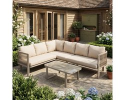 Gutent Hoek Loungesets - 6 Personen - Verzinkt Staal - Glazen Tafelblad - Teslin Touw - Incl Eettafel Bank Stoelen - Khaki