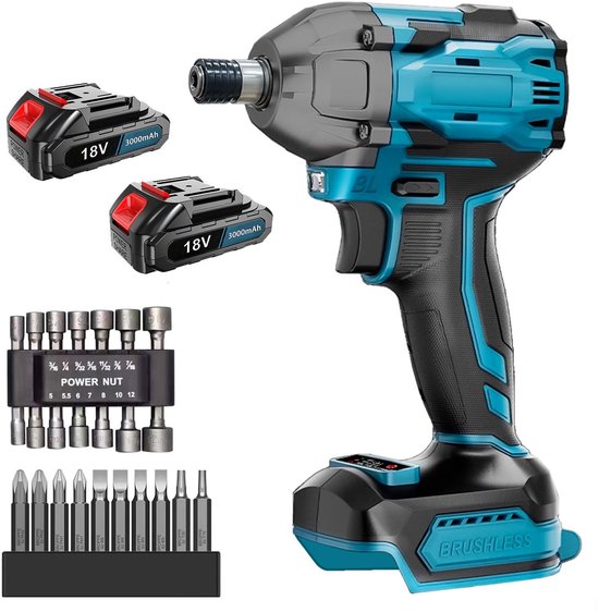 18V borstelloze draadloze slagschroevendraaier, hoog koppel 2200 in-lb, 2 snelheden, LED, compact, set met doppen en bits