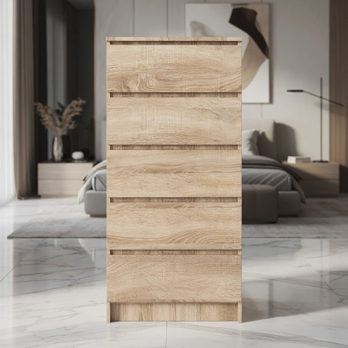 Moderne Smalle Commode Sonoma Eiken 60 cm – 5 Laden Ladekast & Dressoir | Mobili Bella Opbergkast voor Slaapkamer, Hal & Woonkamer | 121 cm Hoog Design Organizer Meubel