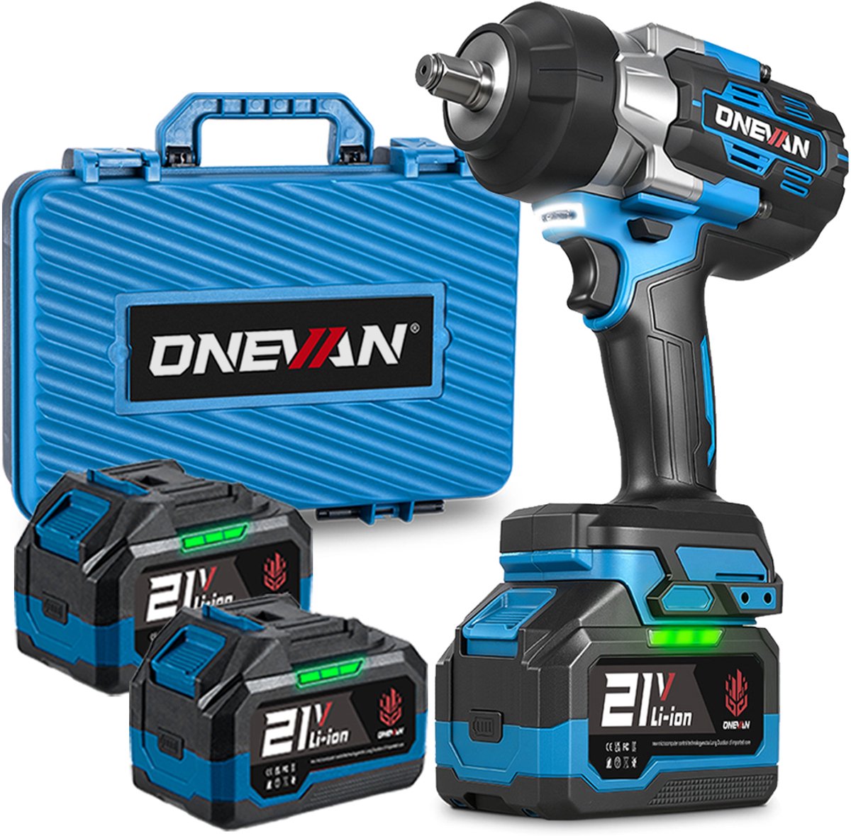 ONEVAN Accu Slagmoersleutel 2800Nm - Borstelloze Slagmoersleutel - met 2× 4.5Ah Accu’s - 21V Elektrisch Slagschroevendraaier - voor zware projecten