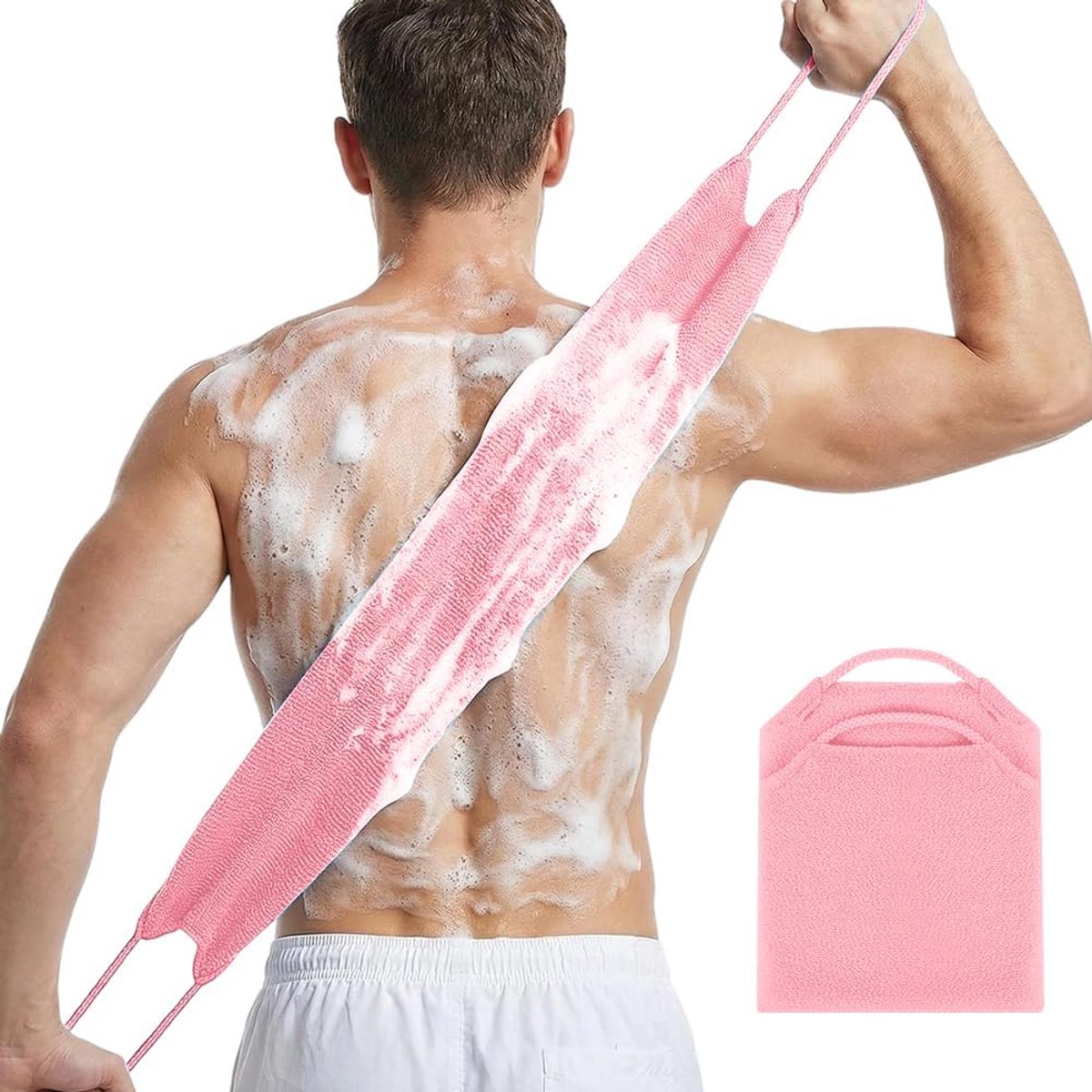 Lange douche exfoliërende handdoek voor rug, dubbelzijdig exfoliërend washandje met handvatten, sneldrogende nylon stretch lichaamsborstel, diepe reiniging voor heren dames, roze (39 cm * 20 cm)