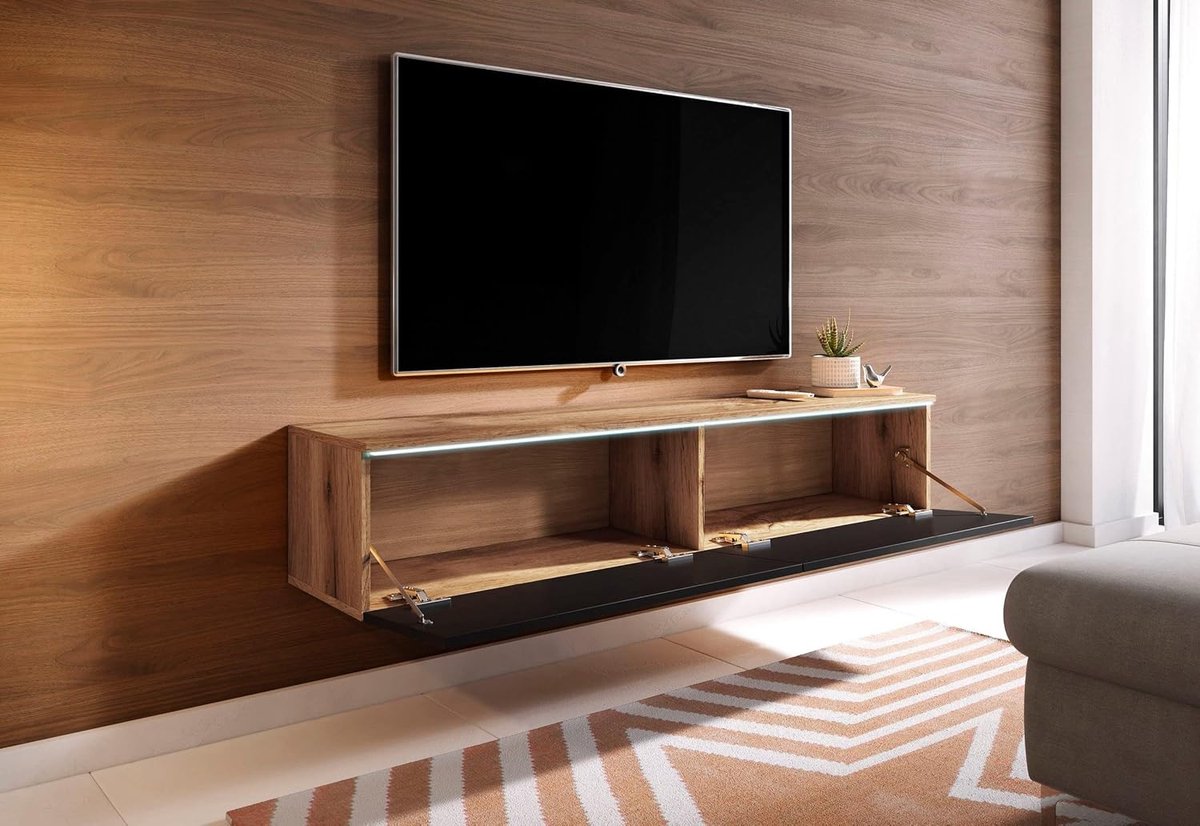 Modern TV-Meubel "Vigo Noir" – Flexibel Lowboard met Zwevende of Staande Montage – Mat Zwart – 140 x 33 x 30 cm