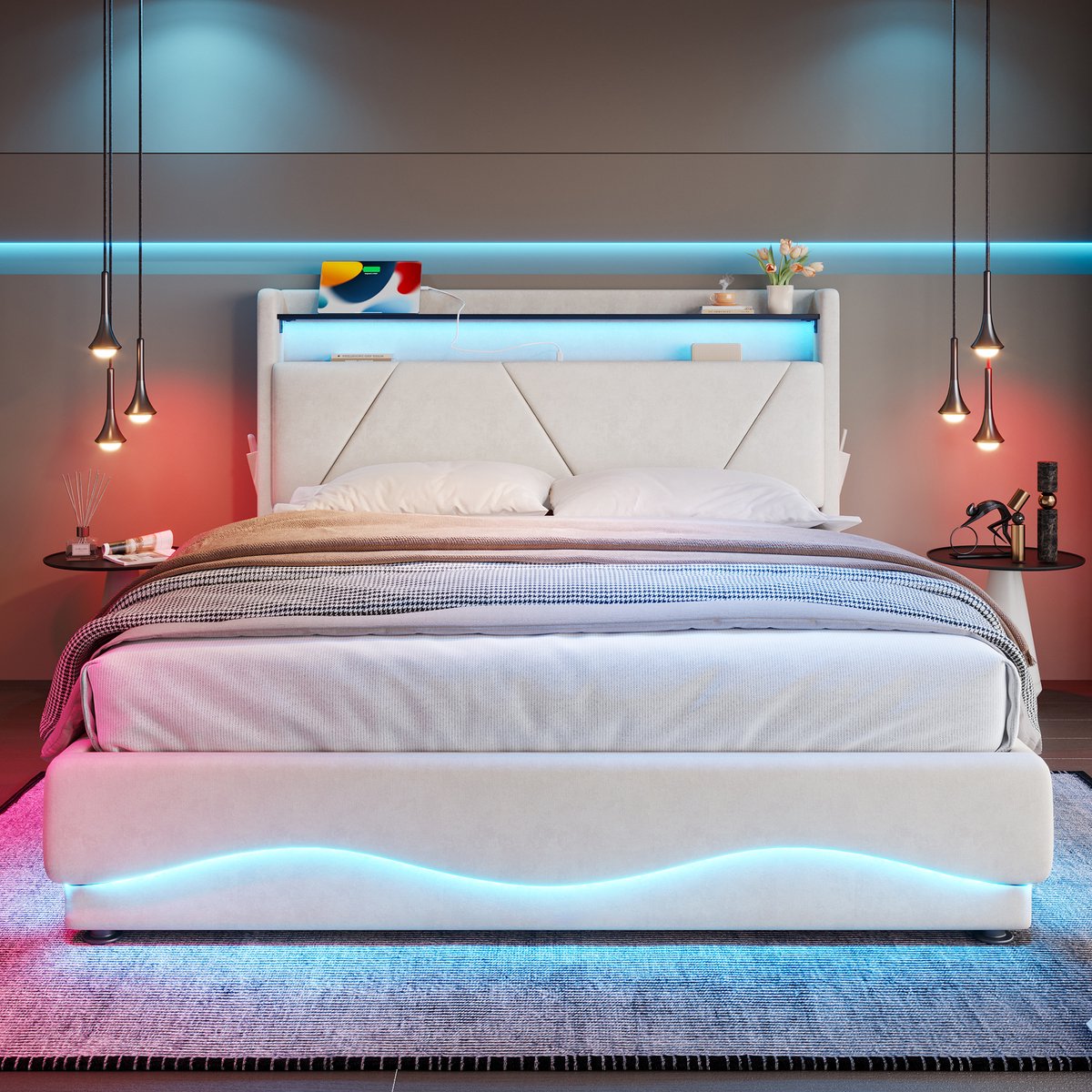 VVBV Bed met opbergruimte 140x200 / Gestoffeerd bed 140x200 / Tweepersoonsbed 140x200 – met LED-Verlichting, USB, USB-C, Stopcontact, Lattenbodem – Fluweel Beige