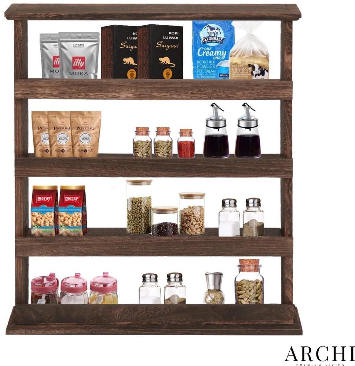 Archi kruidenrek ophangbaar – Keuken organizers - Kruidenrek staand - Keukenrek hangend - 4 Laags – Hout – Bruin – 53x10x60 cm