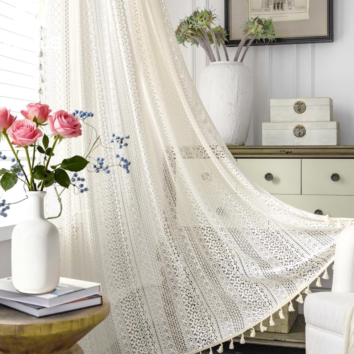 Bohemian Haakgaren Gordijnen Set van 2 in Vintage Stijl voor Woonkamer en Slaapkamer met D