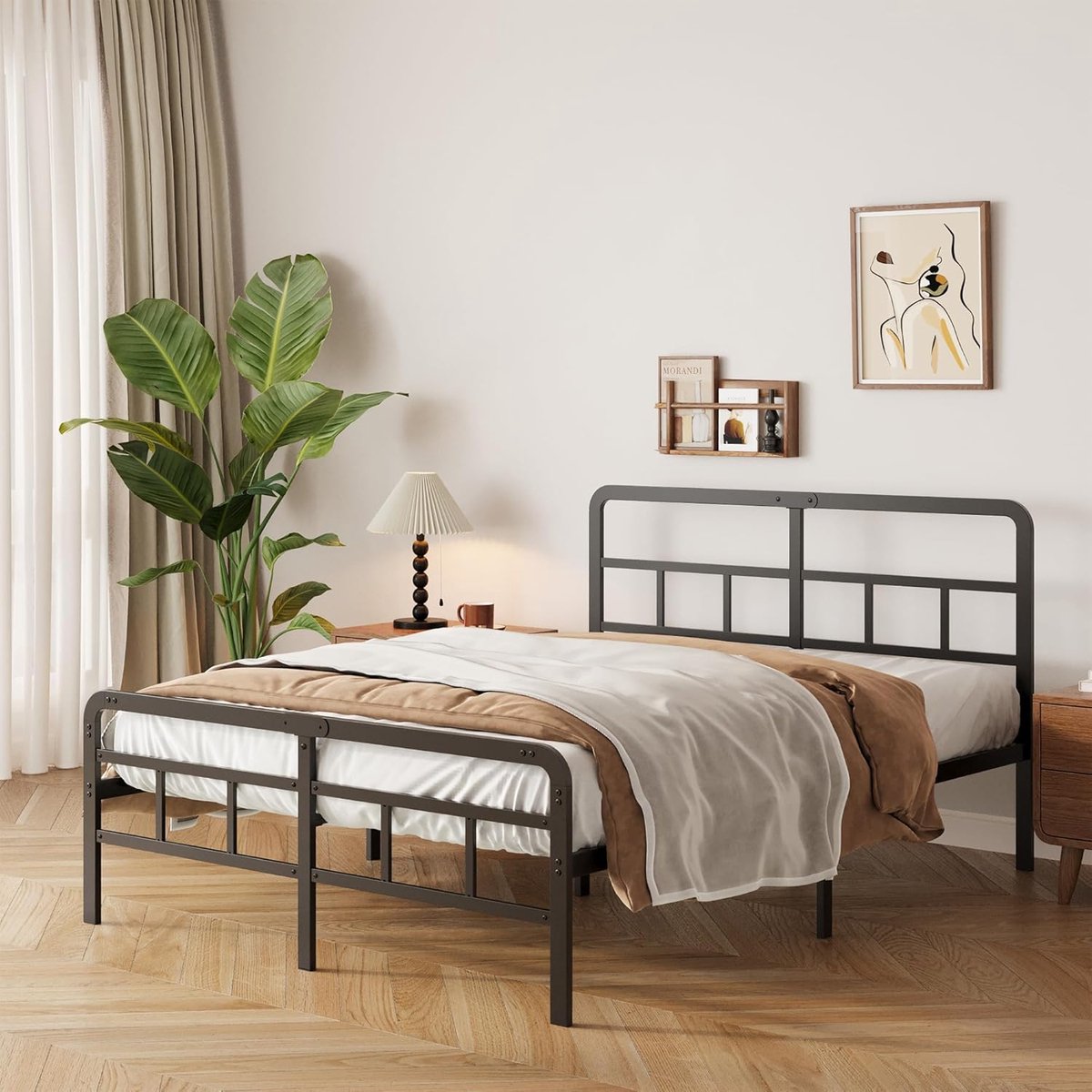 Modern Luxe Metalen Bedframe met Gebogen Hoofdbord en Voeteneind – Tweepersoons Platformbed 180x200 cm, Stevig Stalen Lattenbodem Systeem, Geluidloos, Opbergruimte Onder Bed, Zwart Gepoedercoat
