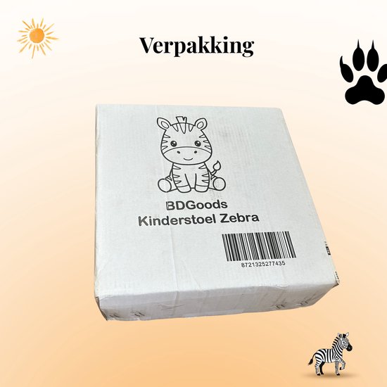 Verpakking van de BDGoods kinderstoel Zebra. Doos met afbeelding van een zittende zebra.