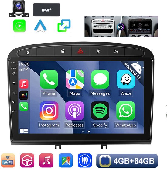 9-inch Android 15 autoradio Peugeot 308 408 (2007-2013) 4GB RAM 64GB opslag GPS WiFi CarPlay Android Auto DAB+