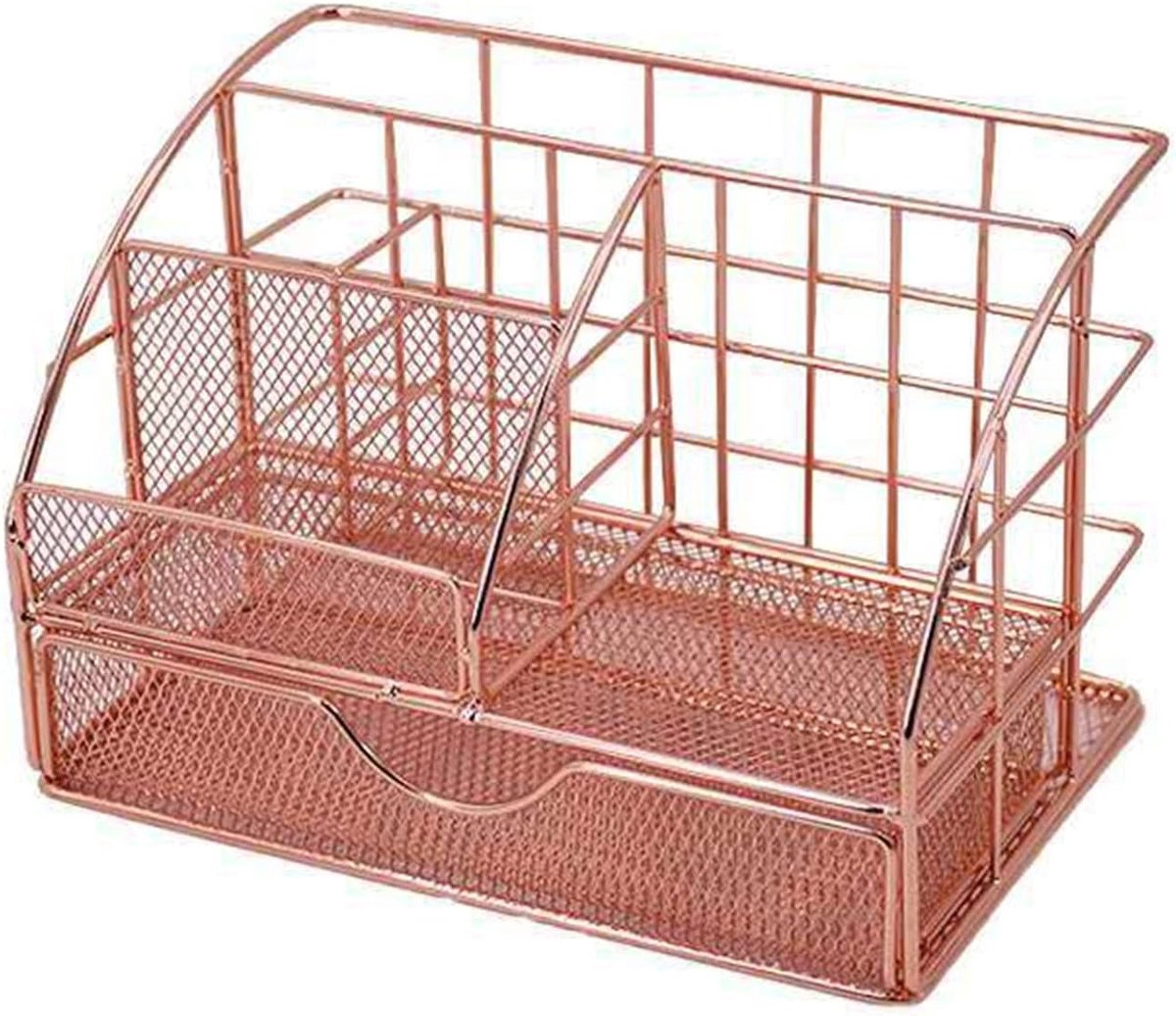 Roze Gouden Bureau Organizer - Mesh Pennenhouder met Lade, Multifunctionele Metalen Desktop Organizer voor Make-up, Kwasten en Telefoonhouder